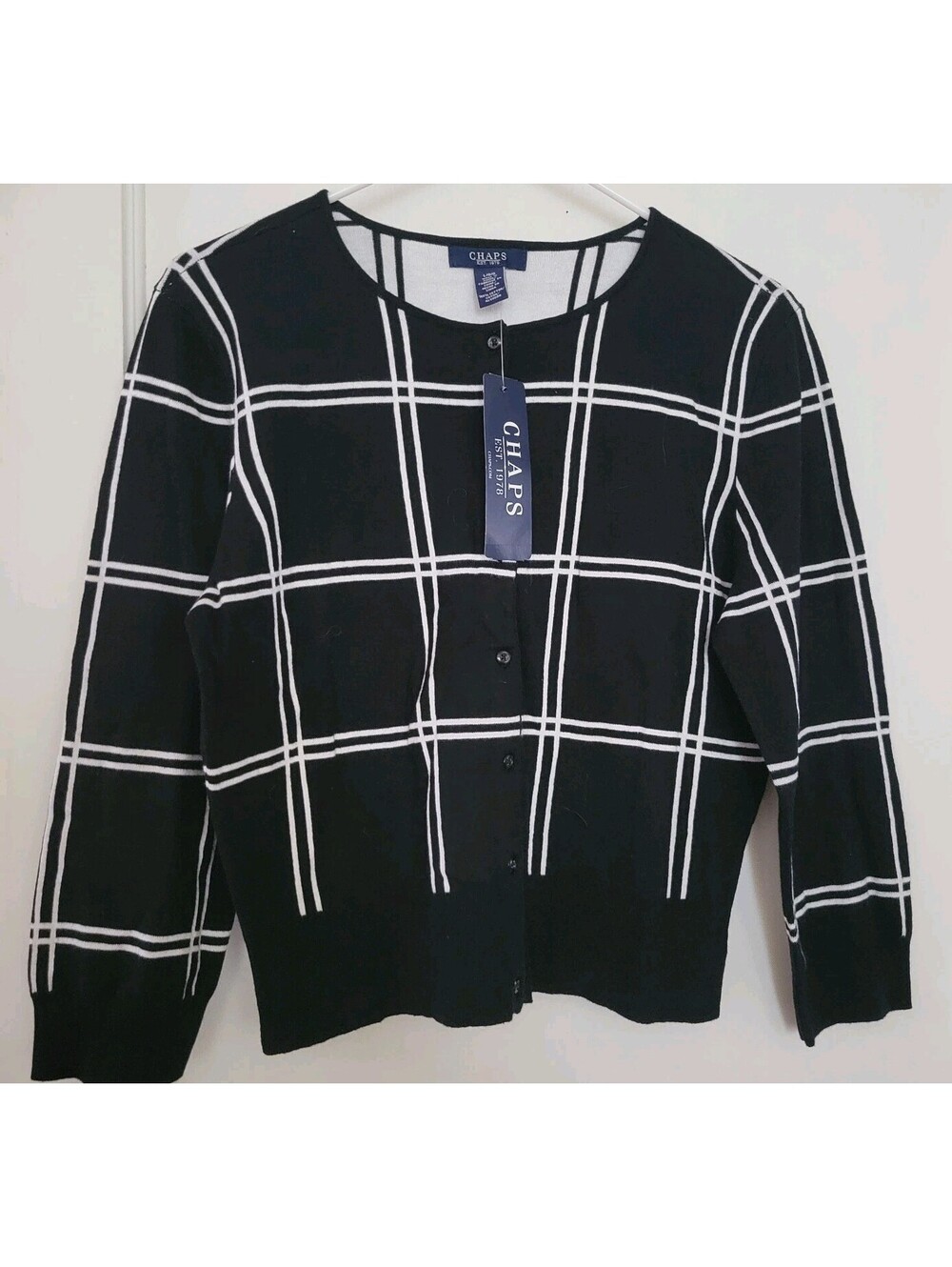 Chaps Cardigan Sweater Women's Checkered Button-Down L Preppy Classic NWT